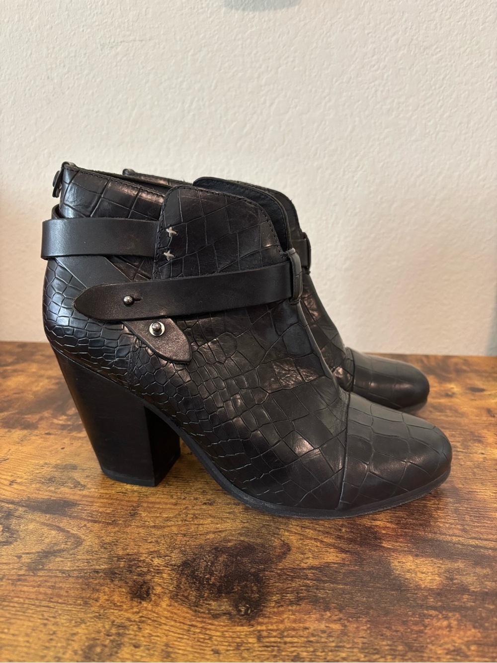 Rag & Bone Harrow Black Croc-Embossed Leather Buckle Ankle Boots